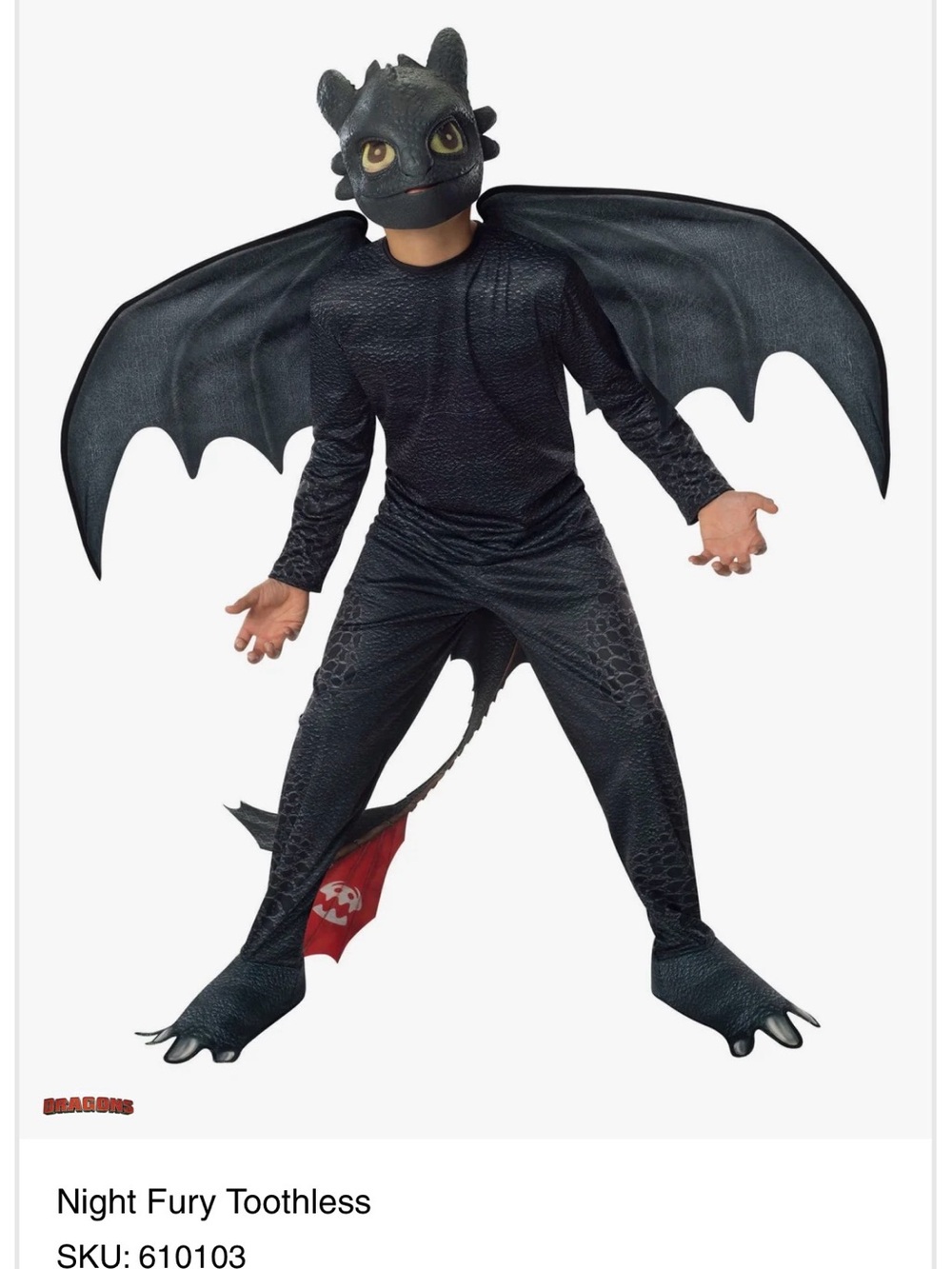 DreamWorks Night Fury Toothless Black and Red Dragon Costume